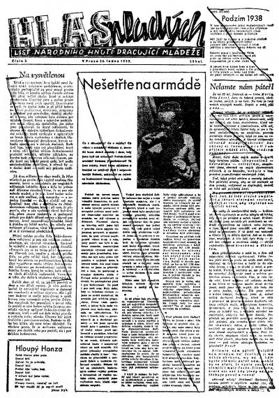 Reprodukce prvé stránky 2. čísla "Hlasu mladých", na níž je vidět, jak v listě NHPM řádila tehdejší cenzura. Škrty v textu označují, co všechno bylo cenzurou konfiskováno.
