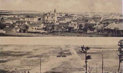 Poválečná pohlednice porovnávající stav před válkou (nahoře) a po ní (dole).