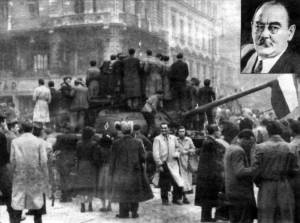 Chruščov poslal do Maďarska tanky. Některé se podařilo povstalcům ukořistit, jako třeba tento s maďarskou vlajkou. Ve výřezu Imre Nagy, jehož tlak veřejnosti vynesl do křesla předsedy vlády.