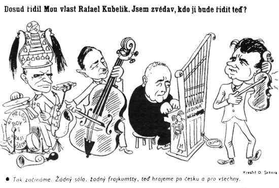 Dobová karikatura Ondřeje Sekory (Dikobraz, 11. června 1946) znázorňuje povolební rozložení sil. U prvních houslí předseda vlády Klement Gottwald, za varhanami lidovec Jan Šrámek, na basu hraje sociální demokrat Zdeněk Fierlinger, vlevo pak národní socialista Petr Zenkl, poražený Gottwaldův rival.